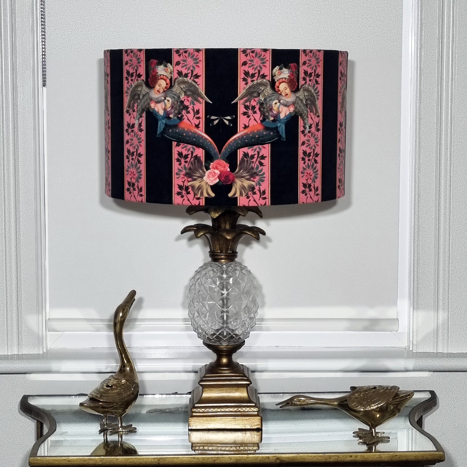Queen K mermaid drum lampshade pink with vintage angel design on black and pink stripes