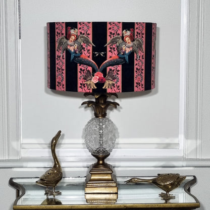 Queen K mermaid drum lampshade pink with vintage angel design on black and pink stripes