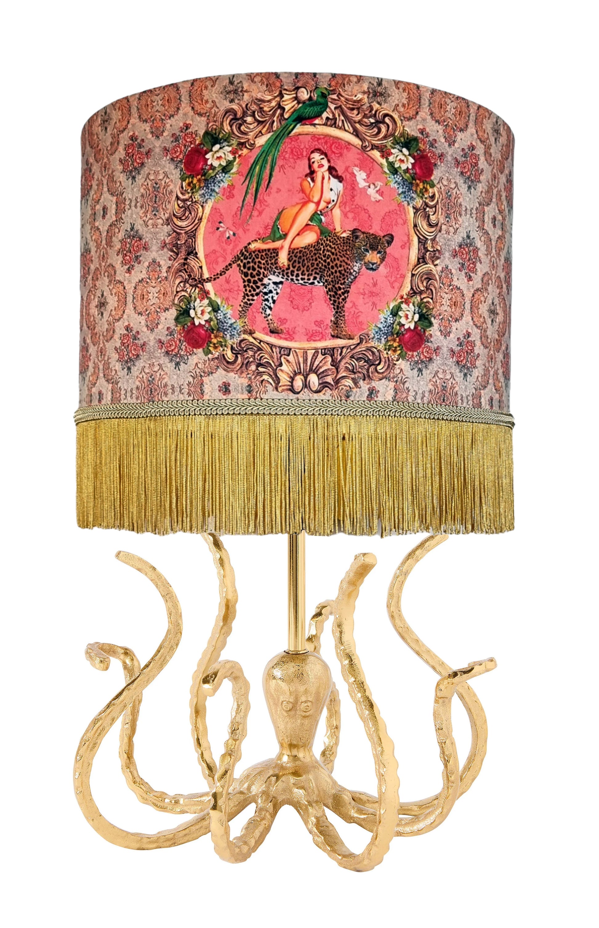 Queen K Octopus Gold Lamp Base with artistic tentacle design and decorative patterned lampshade