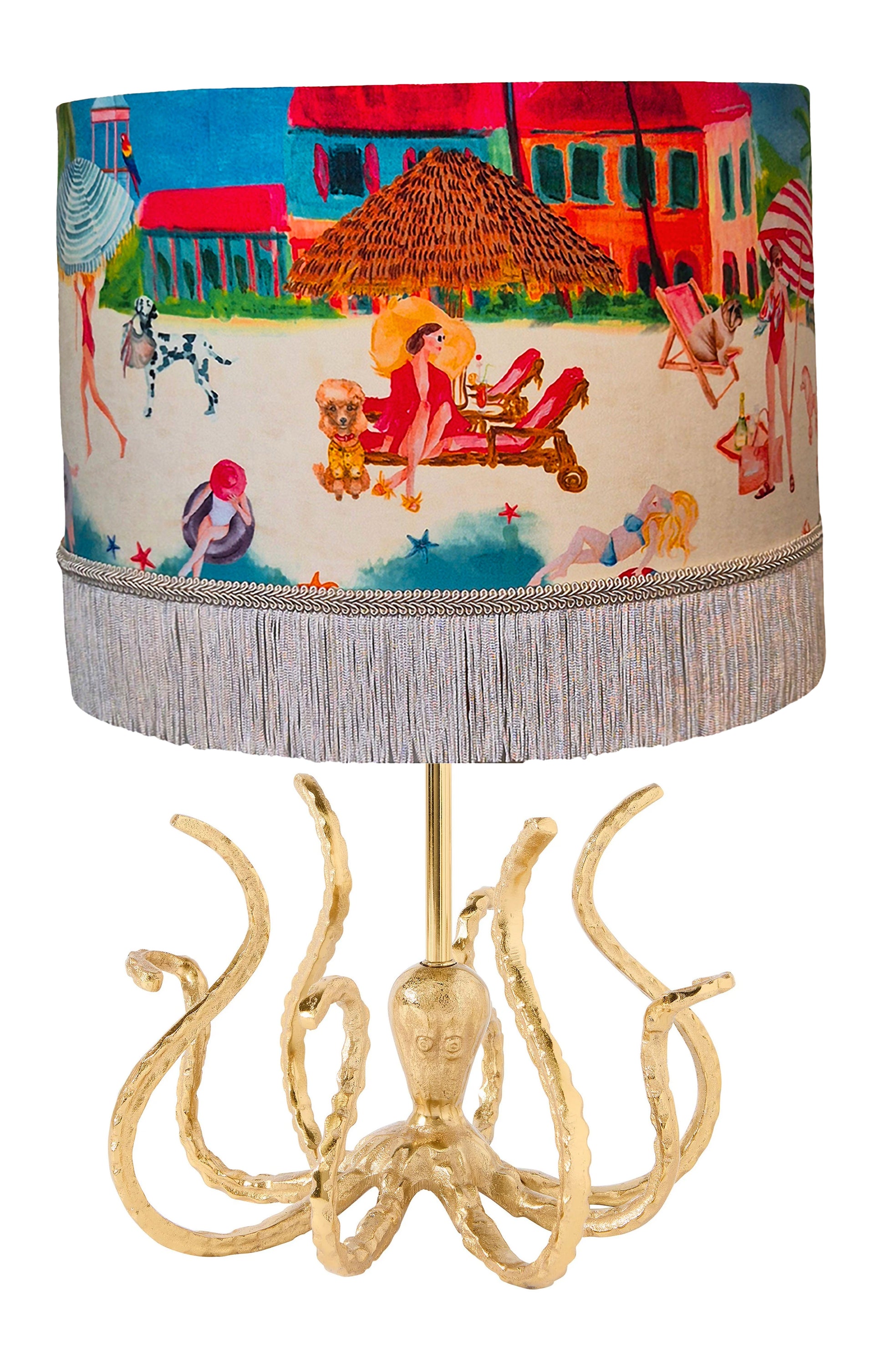 Queen K Octopus Gold Lamp Base with detailed octopus design and colorful beach-themed lampshade