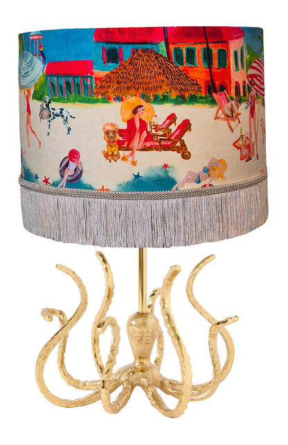 Queen K Octopus Gold Lamp Base with detailed octopus design and colorful beach-themed lampshade