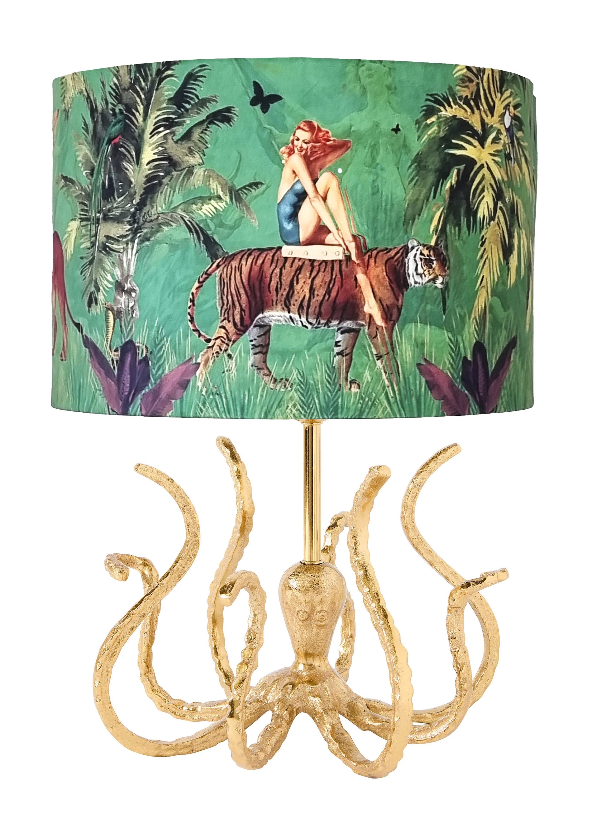 Queen K Octopus Gold Lamp Base with decorative jungle-themed lampshade featuring woman and tiger
