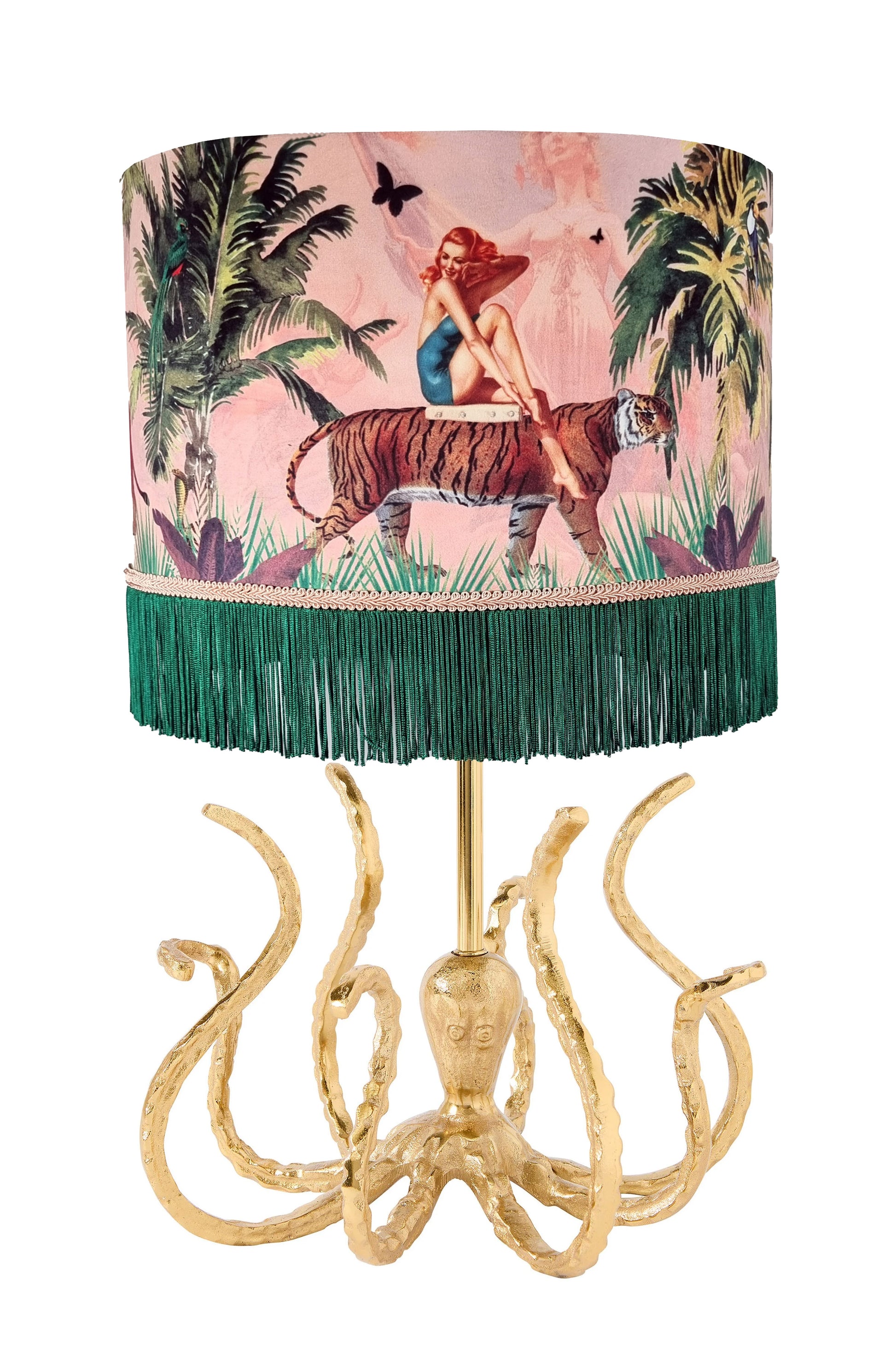 Queen K Octopus Gold Lamp Base with artistic shade featuring woman on tiger and green fringe trim