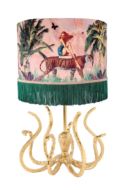 Queen K Octopus Gold Lamp Base with artistic shade featuring woman on tiger and green fringe trim