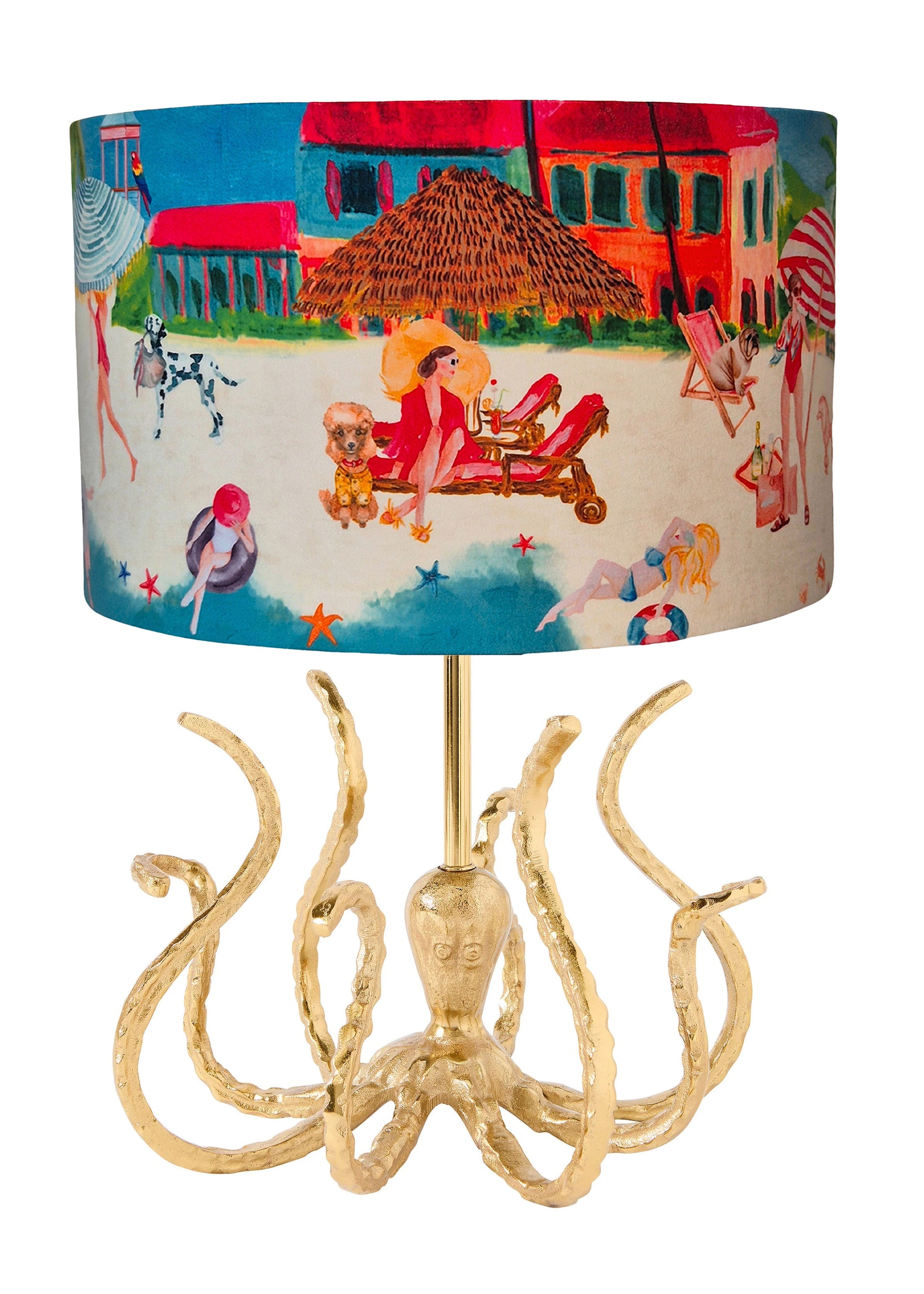 Queen K Octopus Gold Lamp Base with detailed tentacle design and colorful beach scene lampshade