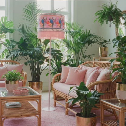 Living In Paradise Parrots Velvet Fringed Lampshade