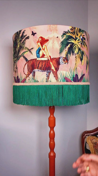 Jungle Walk Pink Fringed Drum Lampshade