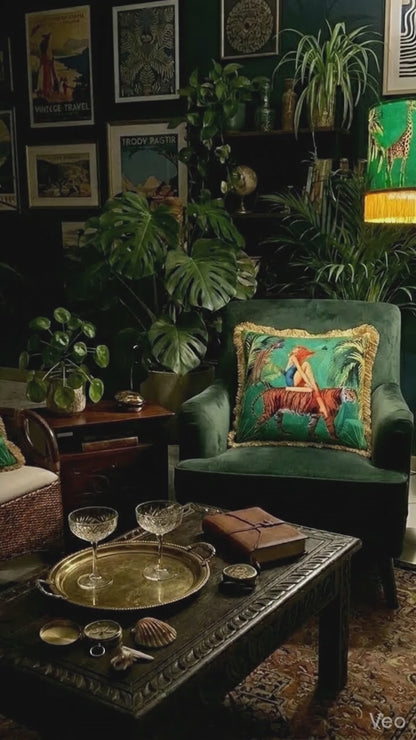 Queen K Vintage Jungle Green Cushion with Fringe Trim