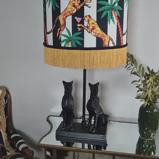 Jungle black white Striped Fringed Drum Lampshade for table lamp floor lamp, drum shade, ceiling pendant statement lighting