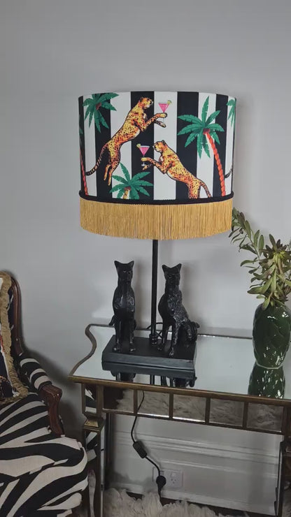 Jungle black white Striped Fringed Drum Lampshade for table lamp floor lamp, drum shade, ceiling pendant statement lighting