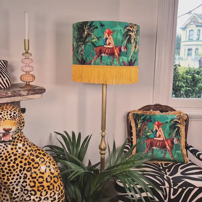 Jungle Green Fringe Lamp shade Tiger home decor, tassel lighting,  velvet lampshades, unique lampshades, gold fringed light shade
