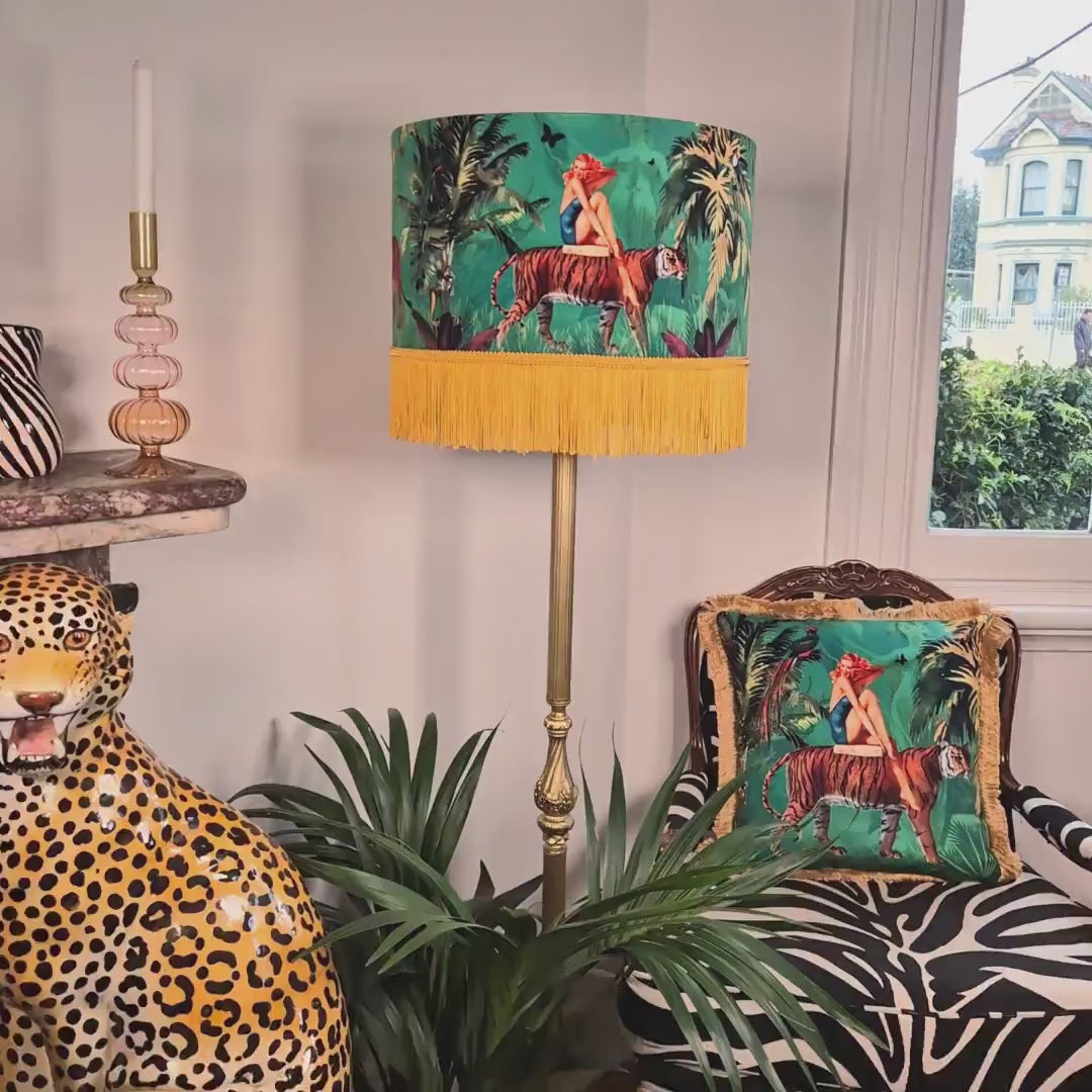 Jungle Green Fringe Lamp shade Tiger home decor, tassel lighting,  velvet lampshades, unique lampshades, gold fringed light shade