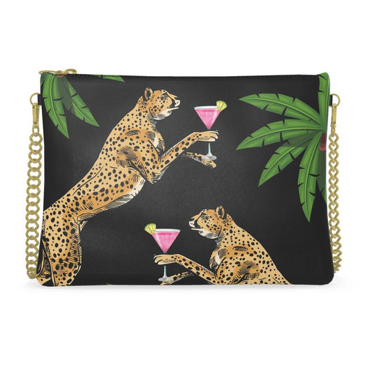Cocktail Cheetah Black Leather Crossbody Bag by Queen K with chain strap and leopard print design