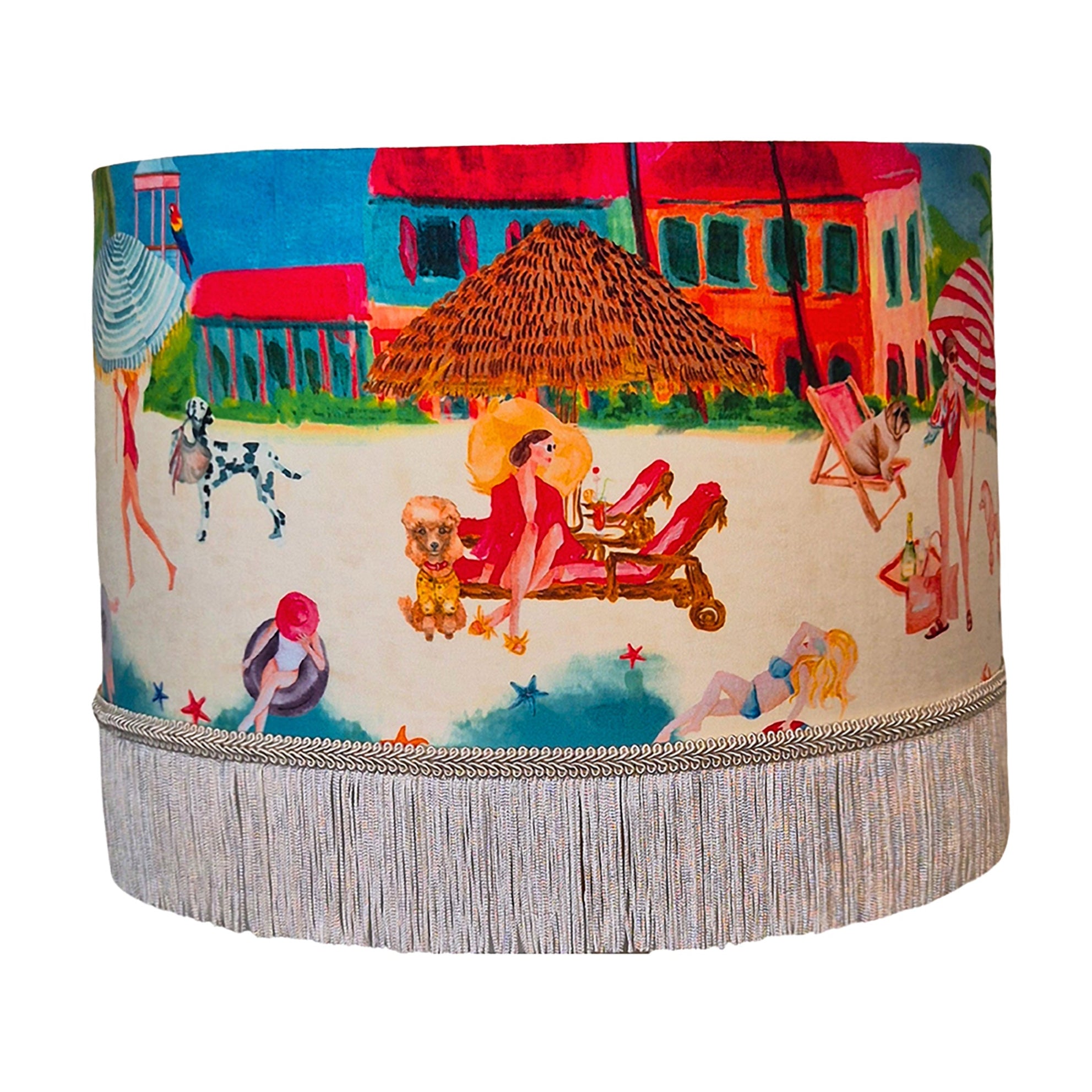 Queen K Riviera Fringed Drum Lampshade with colorful beach scene and light gray fringe trim