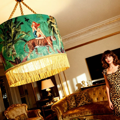 Queen K Jungle Walk Green Tassel Fringed Drum Lampshade