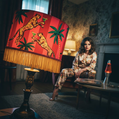 Cocktail Cheetah Tassel Velvet Drum Lampshade Pink and Red Stripe