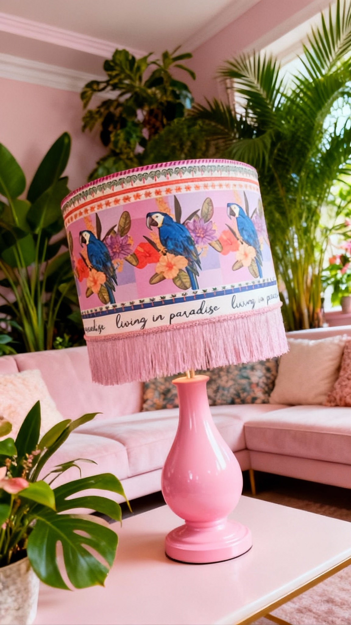 Living In Paradise Parrots Velvet Fringed Lampshade