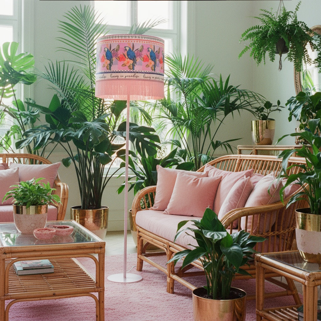 Living In Paradise Parrots Velvet Fringed Lampshade