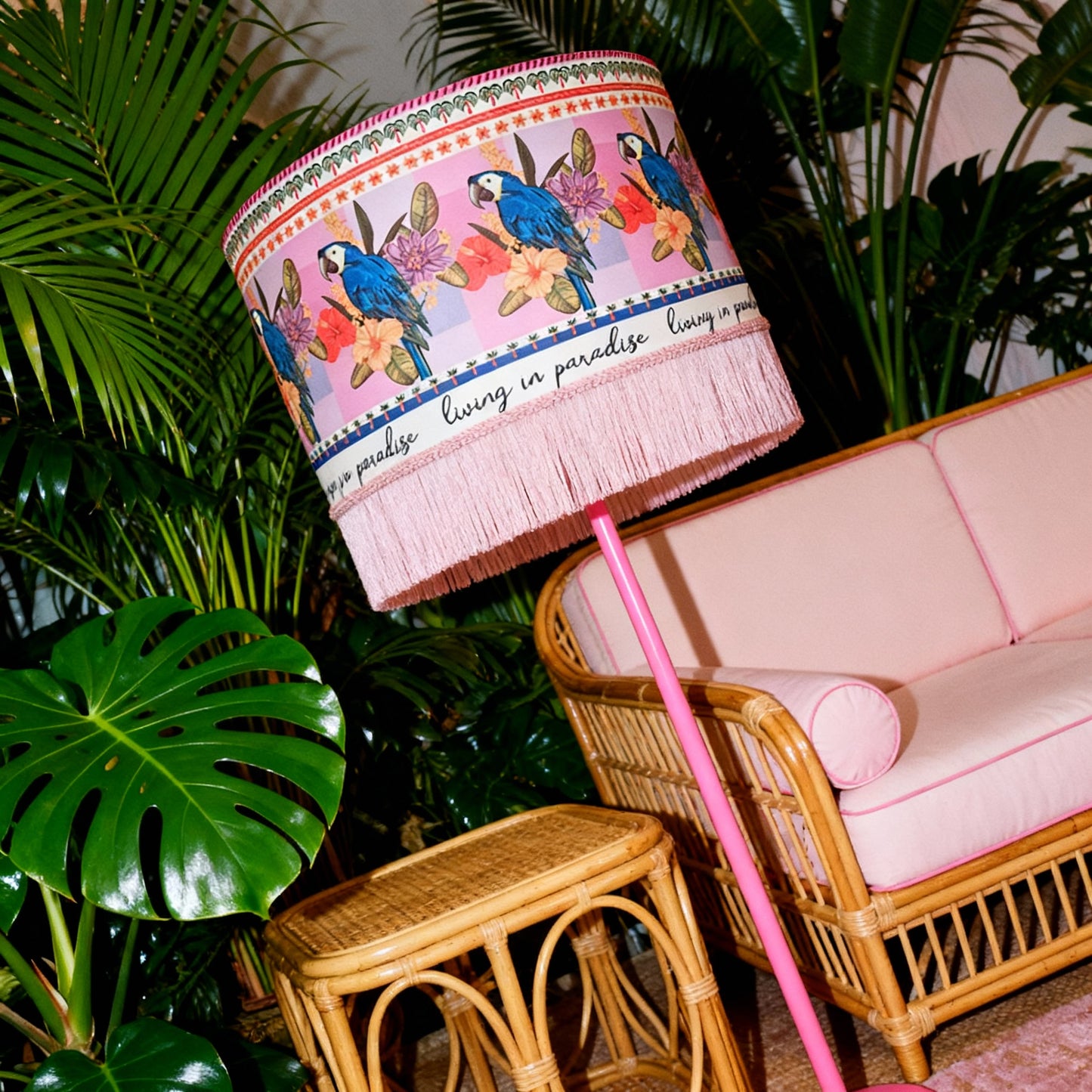 Living In Paradise Parrots Velvet Fringed Lampshade