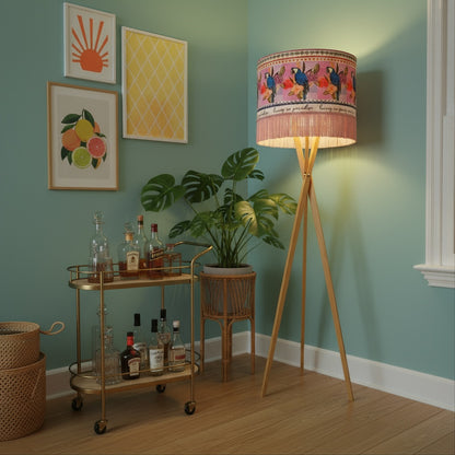 Living In Paradise Parrots Velvet Fringed Lampshade