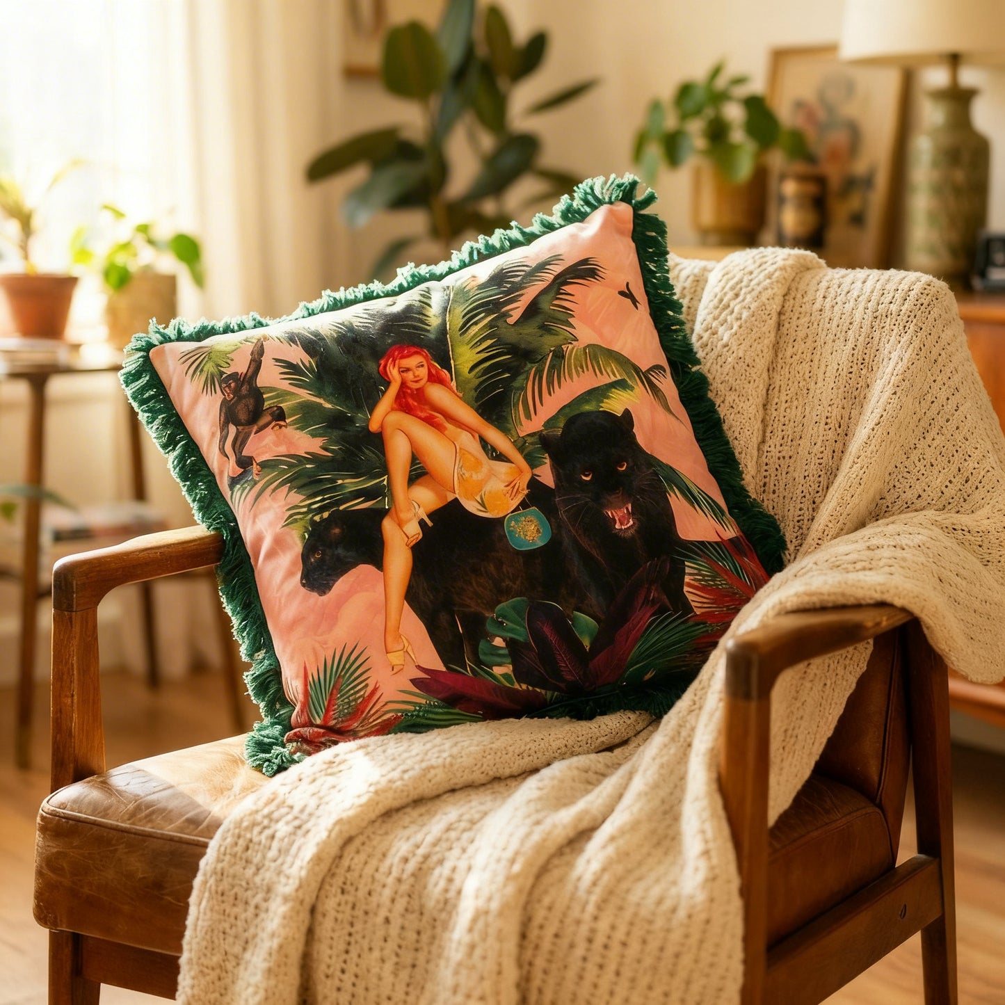 Queen K Jungle Print Pink Cushion with Fringe