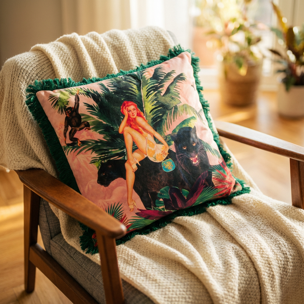 Queen K Jungle Print Pink Cushion with Fringe
